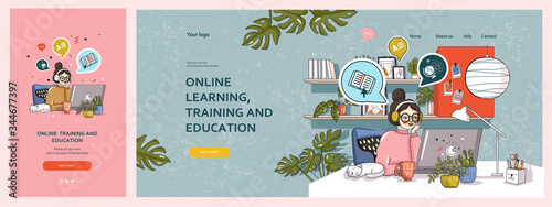 Online learning, training and education. Vector illustration of a woman at a computer studying in distance learning. Cozy home office on self-isolation
