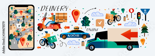 Online delivery of product orders and purchases from the store to home, courier service. Vector abstract illustration of a smartphone, truck, taxi, navigator, motorcycle, traffic light, and a man on a