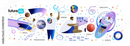 Science Fiction: Future Technologies and Artificial Intelligence. Vector illustration of people in digital and outer space - programmers and scientists at work.
