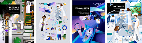 Science, medicine and technology and future innovations. Vector illustration of design concepts for poster, magazine and cover. Isolated drawings of a scientist, doctor and programmer
