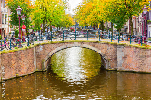 view of a typical canal in Amsterdam, Netherlands
