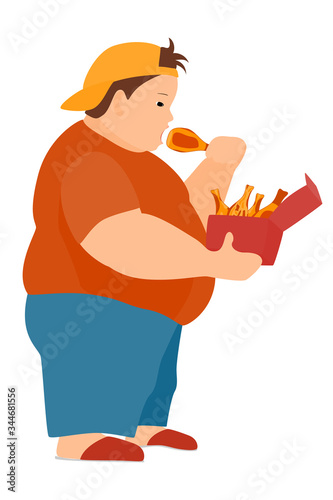 Childhood obesity from malnutrition. Fat boy eats fatty fried chicken legs. Fast food, overeating, greed. Isolated on a white. Vector in a flat style.
