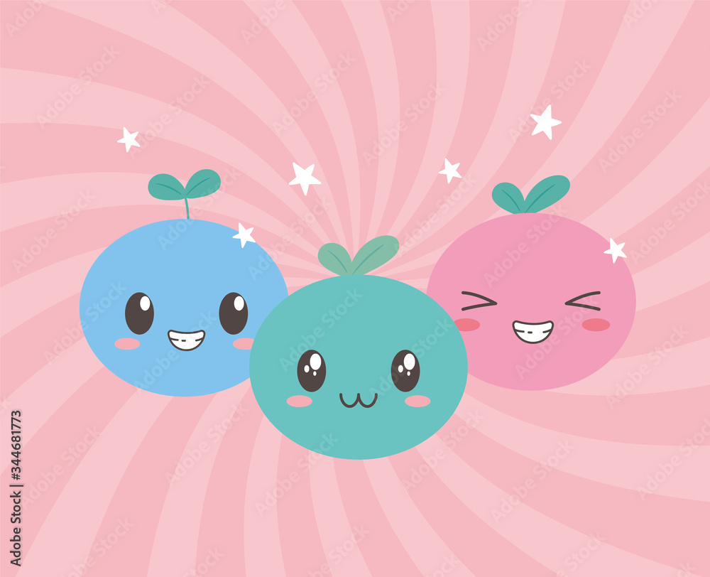 Obraz premium kawaii fruits funny different faces cartoon expression