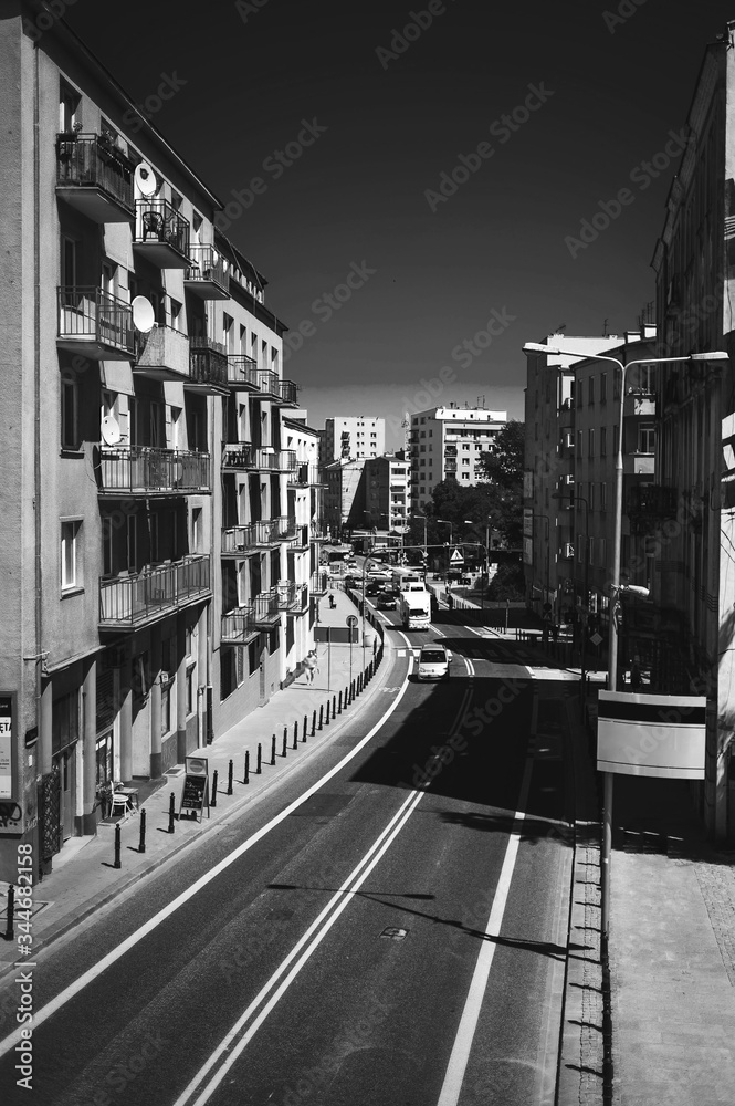 Warsaw, Poland. Citys street without people. Black and white photo