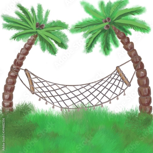 a hammock between two green palms