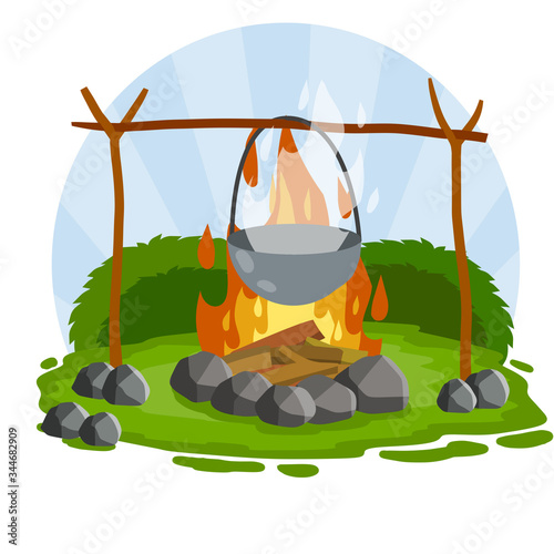Cooking on fire in pot. cauldron and campfire. Camp lunch. Cartoon flat illustration. Outdoor Grass, branch and stones. Hot red and orange flames