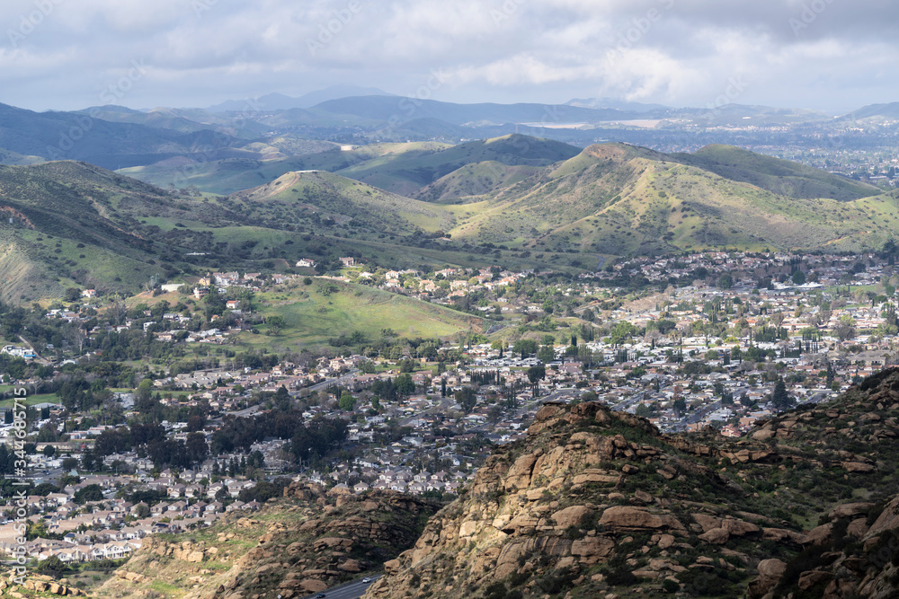 Morning mountaintop view of suburban Simi Valley near Los Angeles in Southern California.