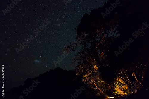 Fotografie Small Magellanic Cloud or SMC is seen at night over wild campsite in by the sea