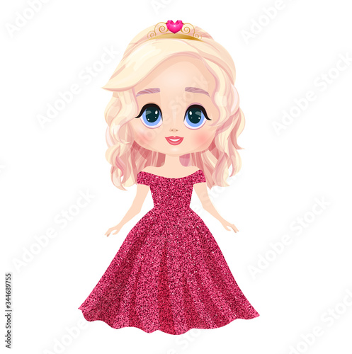 Vector illustration of cute pretty girl with blonde curly hair  in pink  glitter dress isolated at white background. Little baby princess witn crown with heart shaped stone in it.