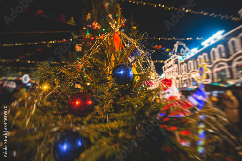 Moscow streets with New Year decoration, Christmas illumination on the Red Square, with Christmas market fair, with Saint Basil's Cathedral, Russia