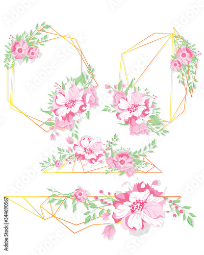 Floral geometric vector design frame. Pink hydrangea  pink rose  camellia  eucalyptus and greenery bouquets. Spring wedding flowers. Gold line banner. All elements are isolated and editable