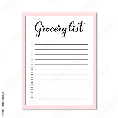 Grocery list paper page. Shopping list sheet template. Easy to edit vector element of design for organizer, notebook, meal planner, recipe card, etc.
