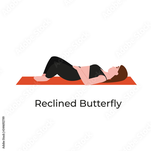 Young beautiful woman practicing yoga in reclined butterfly pose. Flat vector cartoon modern style illustration isolated white background.