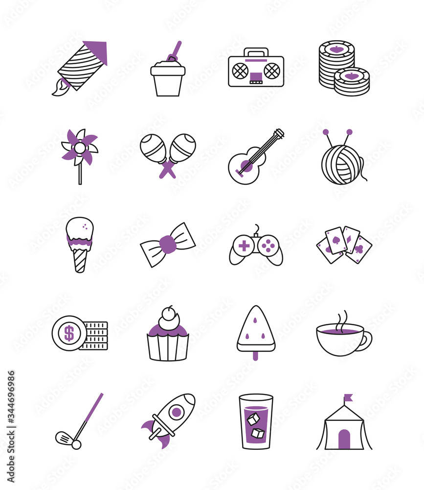 guitar and gambling icon set, half line half color style guitar and gambling icon set, half line half color style