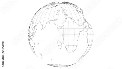 wire-frame earth map rotating slow in seamless loop with white isolated background