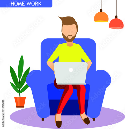  illustration of a man that work at laptop on armchair. Home working