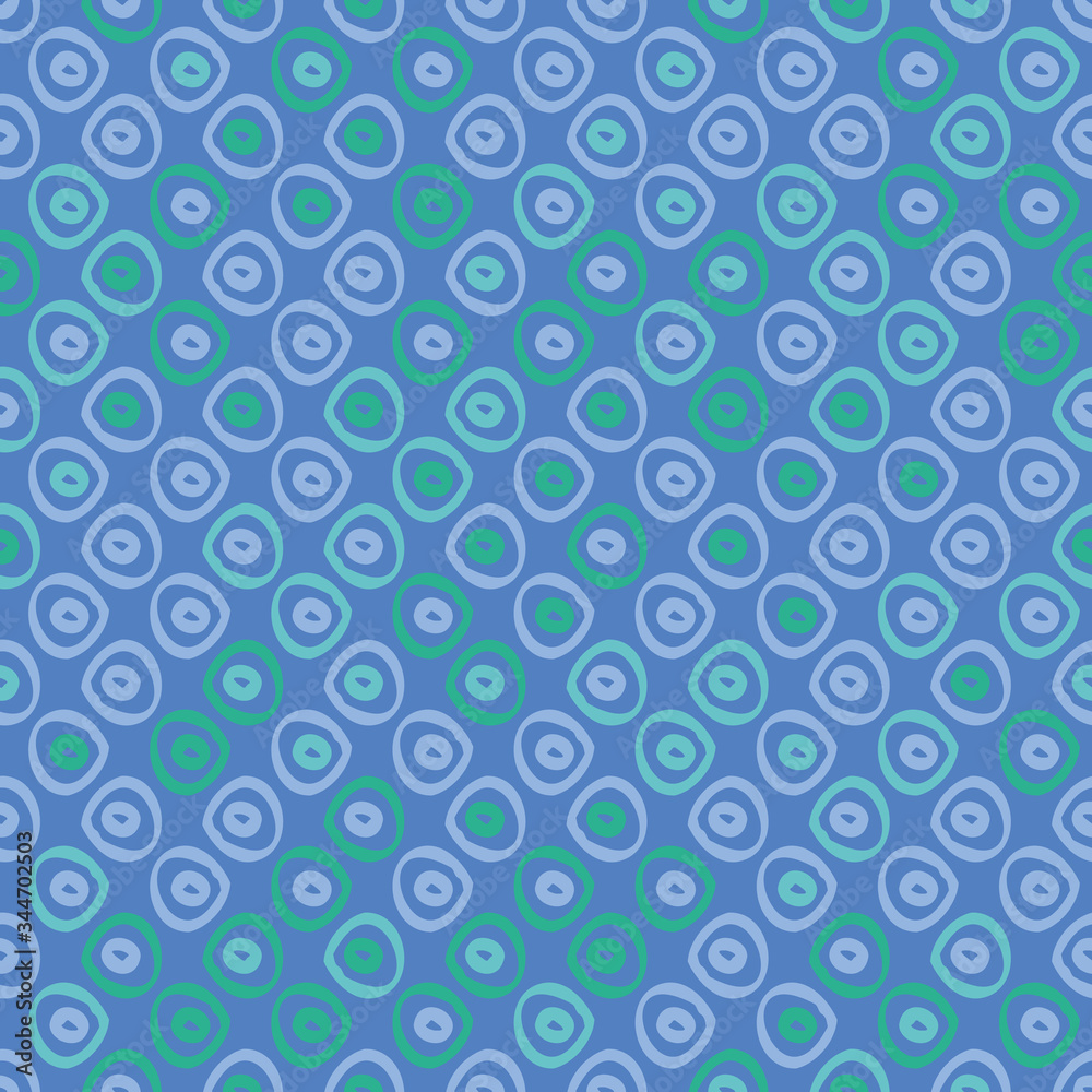 Purple and green spots on a blue background seamless vector pattern. Simple unisex surface print design. For backgrounds, textures, stationery, fabrics, and packaging.