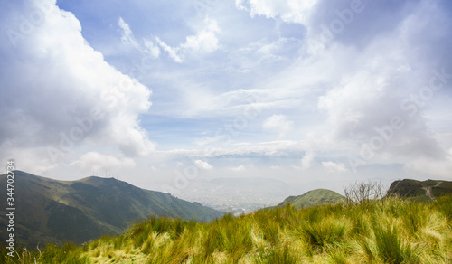 Panoramic view at the Pichincha volcano, located just to the side of Quito, in a foggy day in the top of the Pichincha mountain in Quito, Ecuador