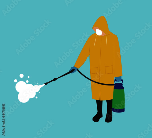  Protective suit. Man in hazmat, gas mask and gas cylinder for disinfection corona virus. Toxic and chemicals protection. Spraying pesticides.
