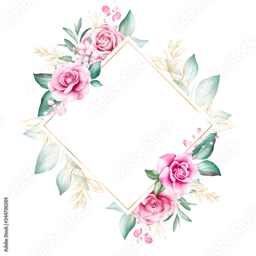 Watercolor floral frame. Botanic decoration illustration of roses and gold le...