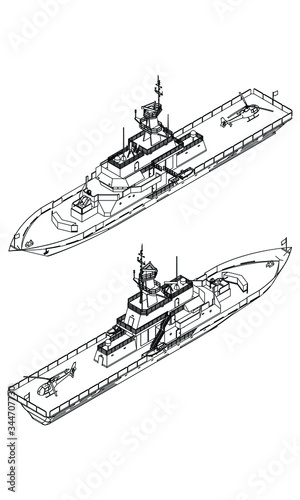 Military ship outline vector. Military vehicle template vector isolated on white. 