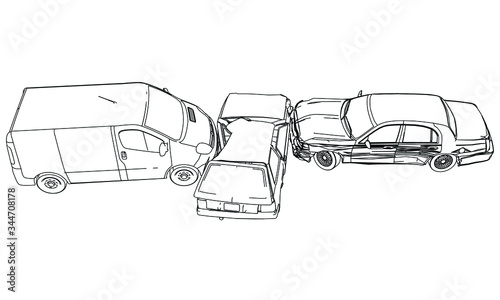 Car crash, car accident isolated on a white background. Car crash emergency disaster. Outline vector illustration.