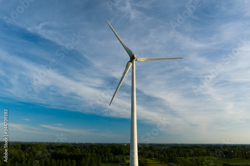 Aerial view of a wind turbine, in East Flanders, Belgium