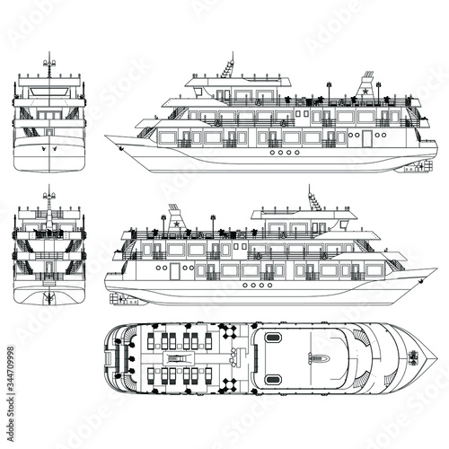 Ship. Vector luxury cruise liner ship isolated on white background. View front, back, side, top. Sea tourism, holiday concept