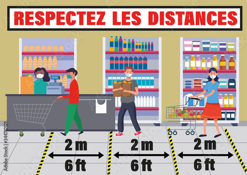 carte ou bandeau sur "respectez les distances de sécurité entre personnes portant un masque de 2 mètres ou 6 pieds" pour éviter de se contaminer, dans un magasin à une caisse