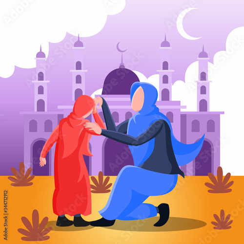 Flat Vector Illustration Representing A Muslim Mother Shaking Hands with Her Daughter for Forgiveness on Feast Day Mubarak