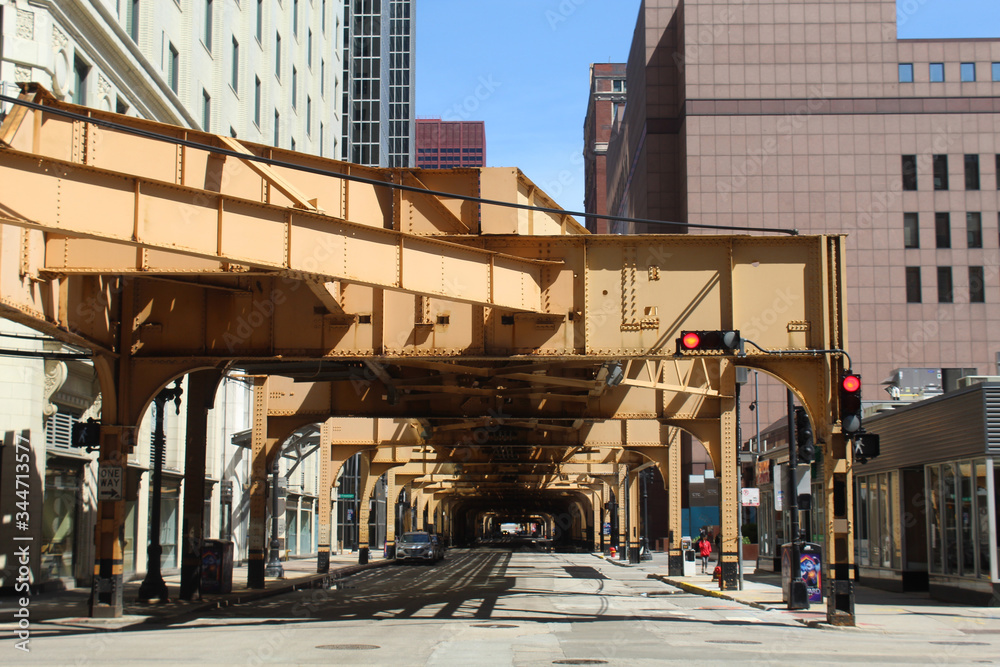 Nearly deserted Van Buren Street in Chicago's Loop during the COVID-19 shelter-in-place order