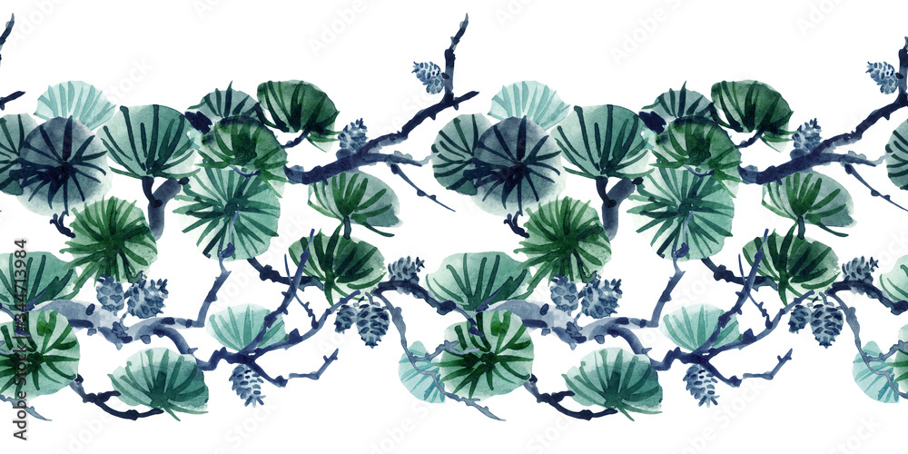 Mountain pine seamless border, watercolor illustration in chinese. Japanese, Korean style on a white background, print for fabric, background for various designs.