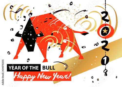 Template poster, card, invitation for party with year 2021 symbol bull, ox, cow. Lunar horoscope sign. Funny sketch silhouette bull. Chinese Happy new year 2021.