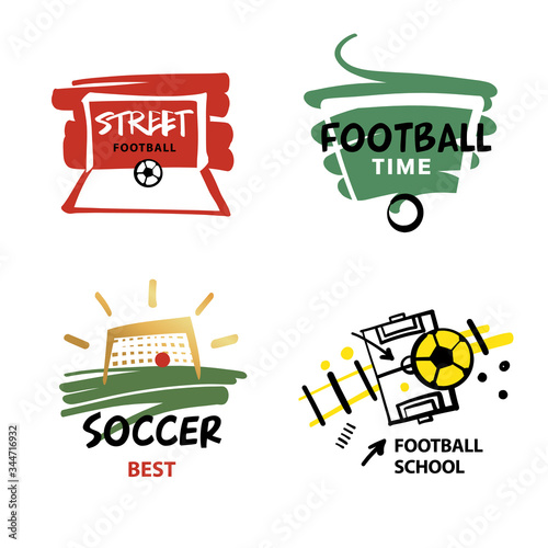Freehand drawn template poster, banner, logo street football, soccer team. Ball in goal. Sketch silhouette logo. Design for football blog, news, competition.