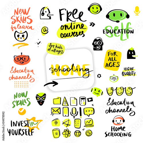 Freehand drawn template poster, banner, landing page for Home schooling . Design illustration for education channel with distance learning. Free online course with new skill to learn for all ages