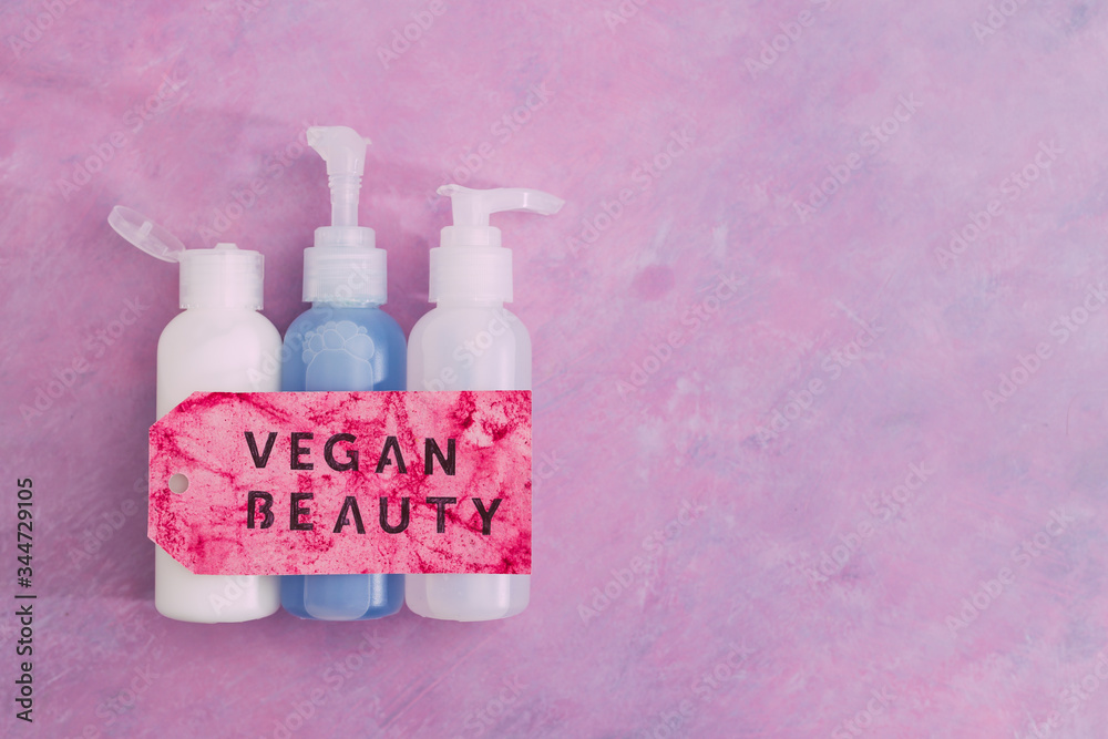 beauty products with no animal testing concept, group of moisturizers and  toner lotions with Vegan Beauty message on label next to them Stock Photo |  Adobe Stock