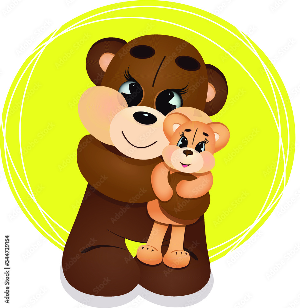 Obraz premium Cute brown Teddy bear holding a little bear. Cartoon character. Funny kids toy.
