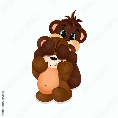 One cute bear cub closes eyes to another bear cub. Cartoon characters. Funny kids toys.