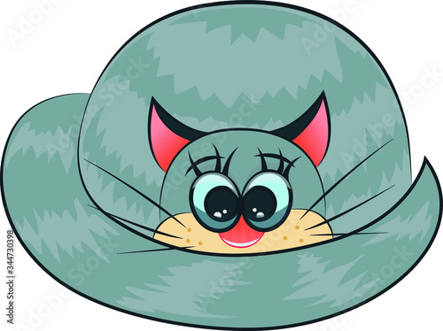 A cute gray kitten curled up and hid its face in its tail. Cartoon character. Funny kids toy.