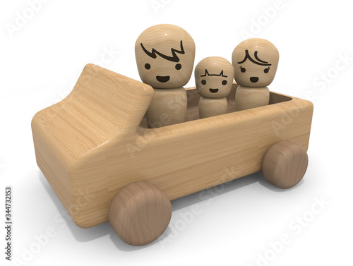 Go out by car. A happy family. Children, father and mother. 3D rendering