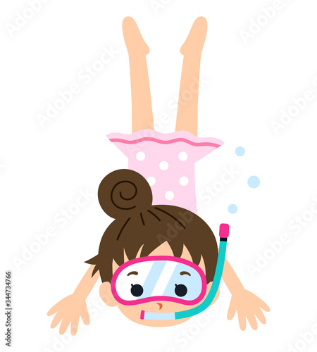 シュノーケルをつけて水に潜る女の子