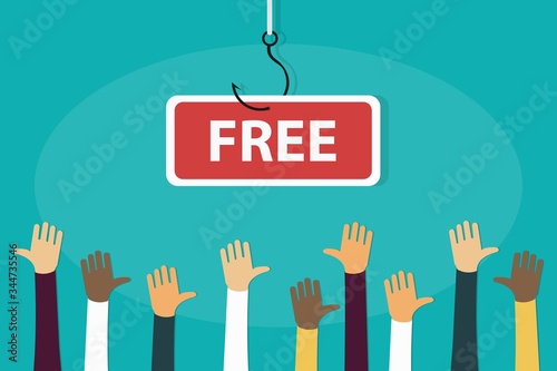 A lot of hands stretching, wanting a free perk text on a fish hook