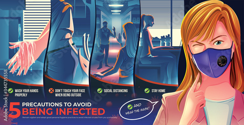 Vector illustration infographic about 5 precautions for hygienic to avoid getting infected viruses in epidemic and pandemic crisis