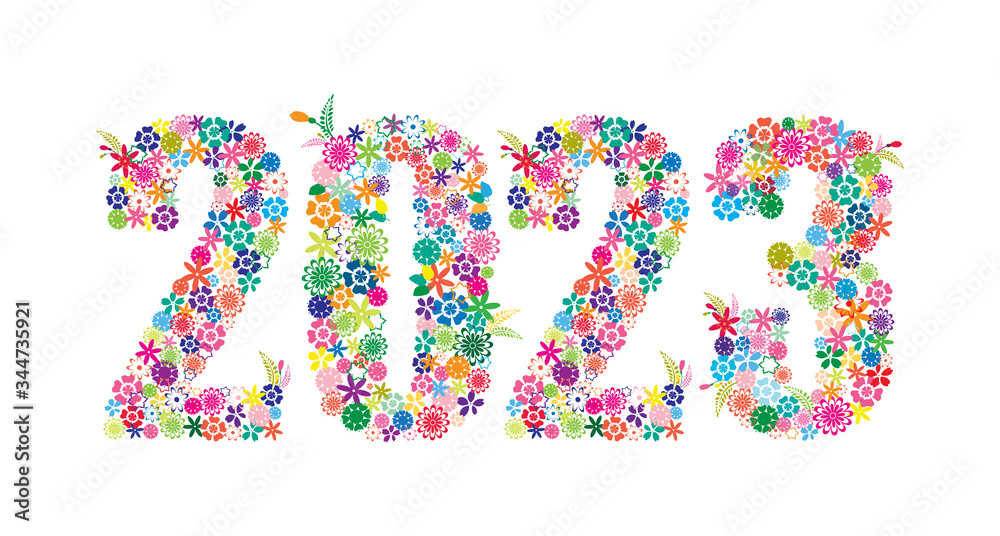 Happy New Year 2023 Colorful Floral Design Isolated on White Background Vector Illustration.