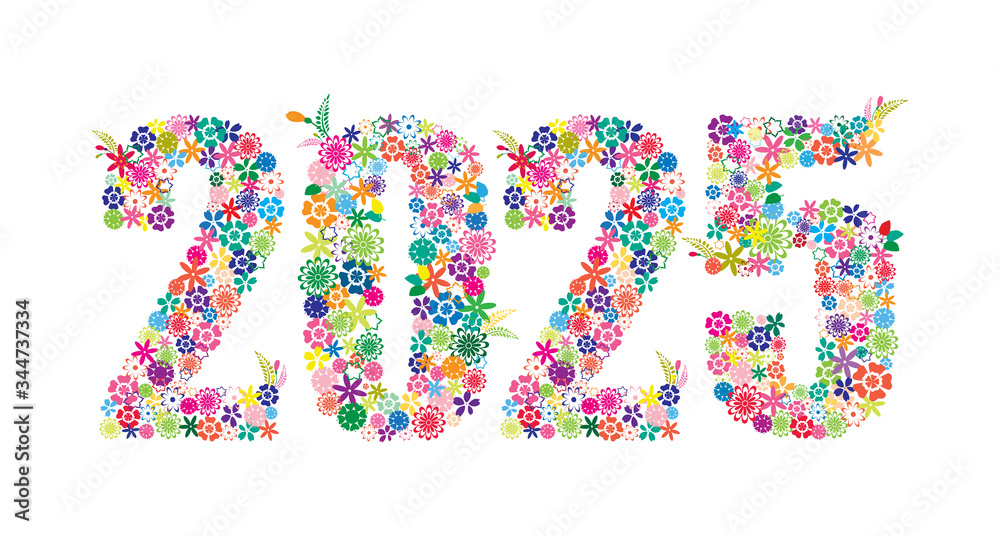 Happy New Year 2025 Colorful Floral Design Isolated on White Background Vector Illustration.