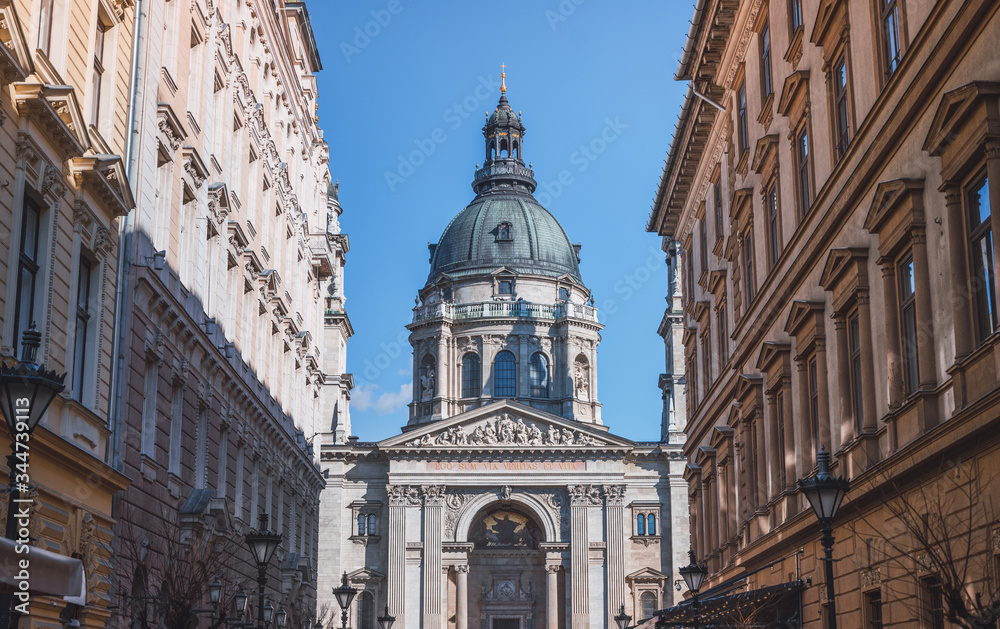 View of St. Stephen's Basilica in Budapest at sunset.