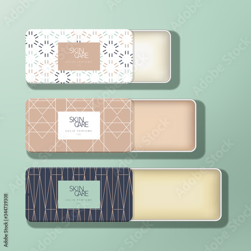 Vector Trendy Solid Perfume Mini Tin Box Package with Geometric Pattern Print