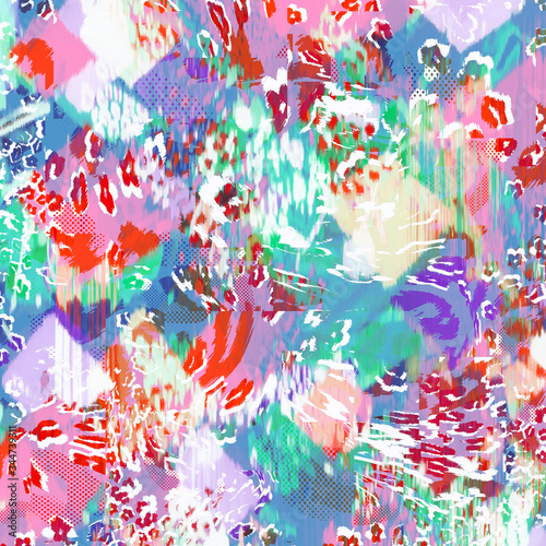 Abstract hand drawn geometric seamless pattern or background with glitter, sharpen textures, brush painted elements. Poster, card, textile, wallpaper template.