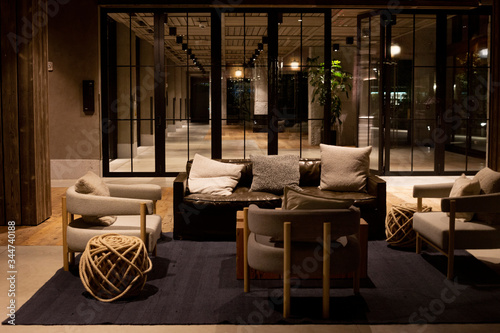 lounge salon Workplace in cafe interior luxury hotel lobby with vintage leather sofa Hotel lobby