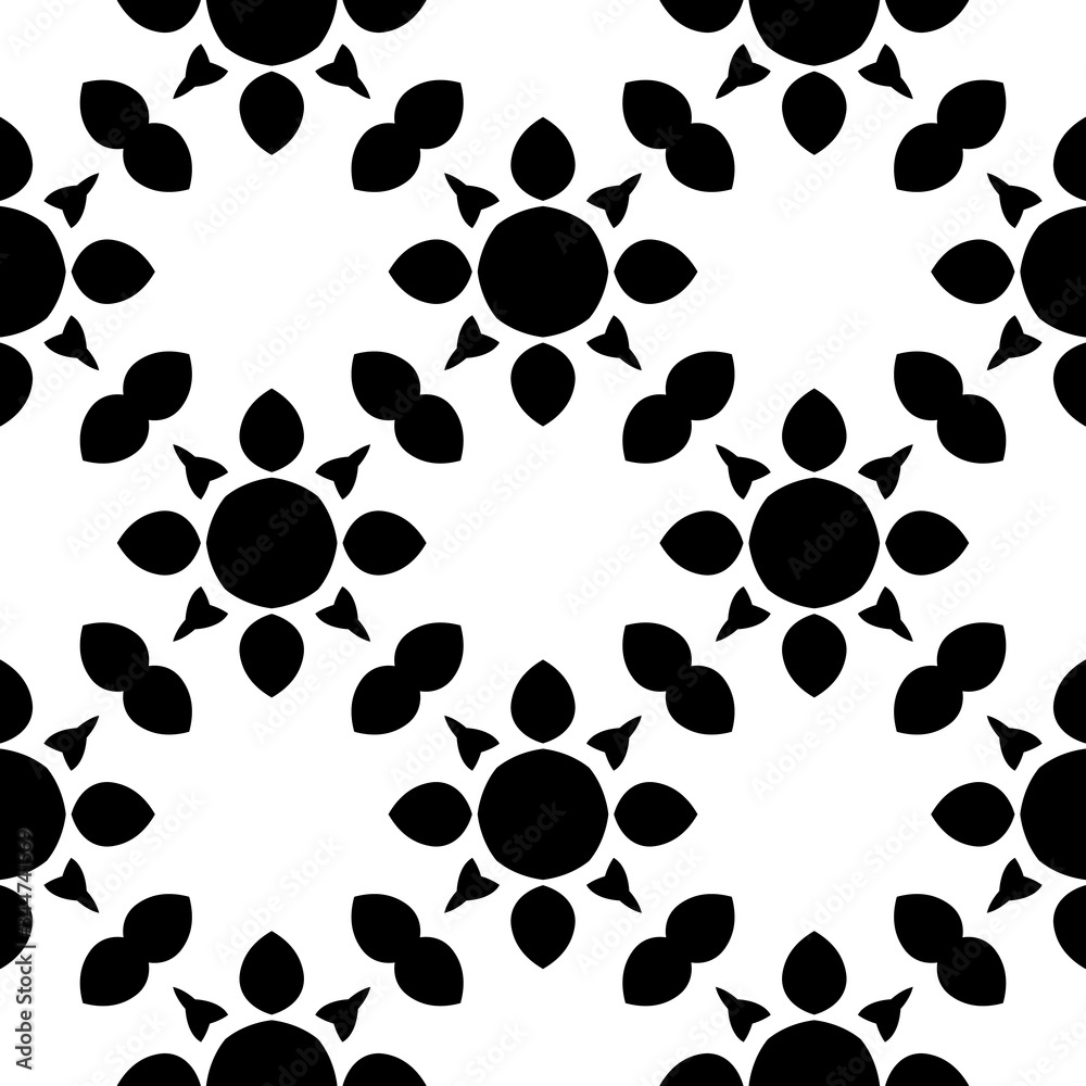 Black and white seamless pattern, texture, floral geometric design, retro, vintage ornament